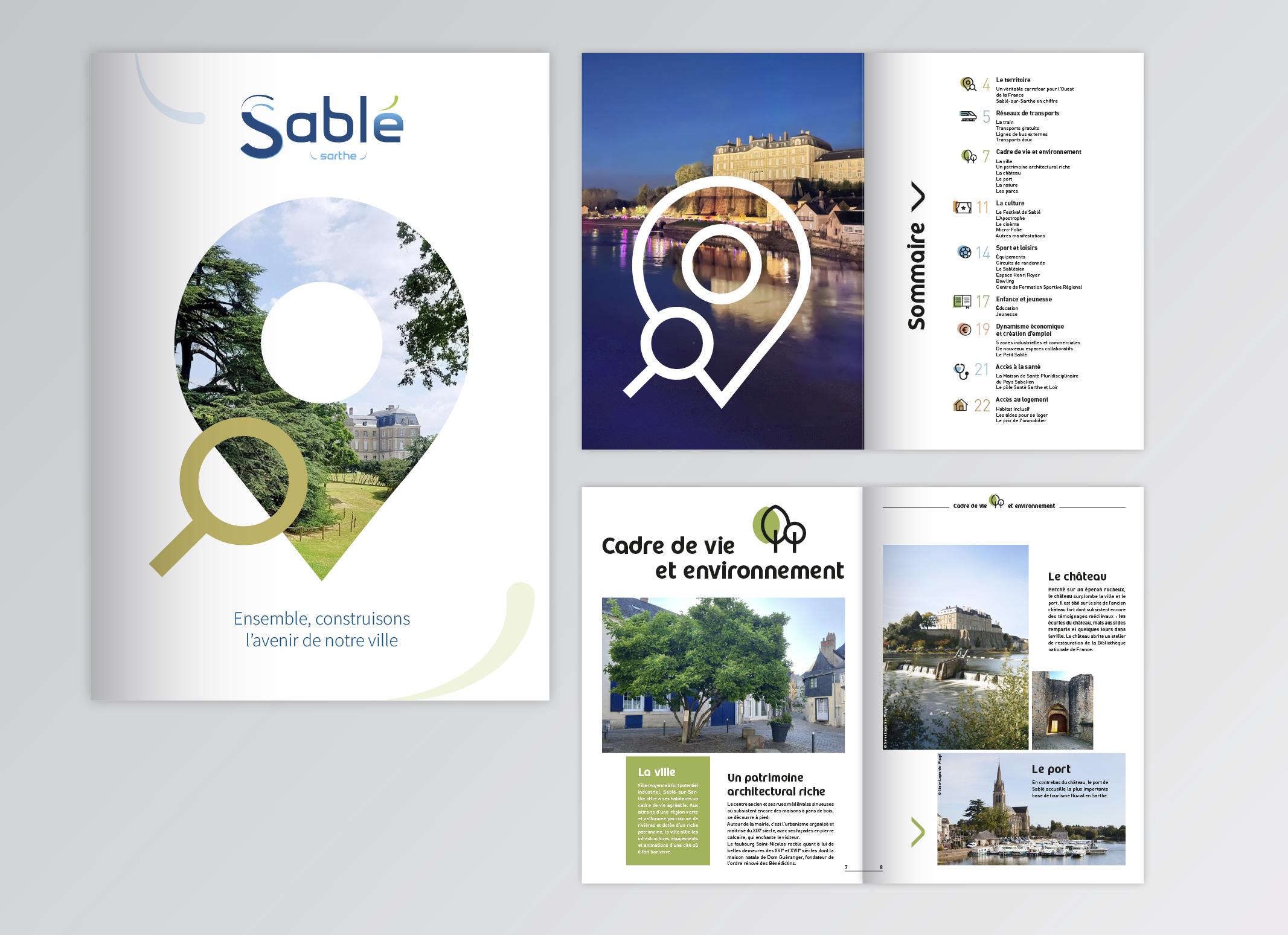 Aperçu de la brochure d'attractivité de Sablé-sur-Sarthe montrant la couverture avec un visuel de château dans un pointeur de carte, ainsi que les pages intérieures du sommaire et de la section "Cadre de vie", mettant en avant le patrimoine historique et fluvial de la ville.
