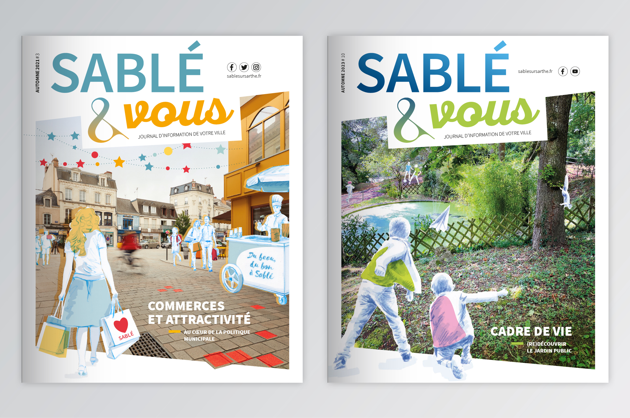 Deux couvertures du magazine municipal 'Sablé & Vous' : l'une illustrant une rue commerçante avec le titre 'Commerces et Attractivité', l'autre montrant deux enfants dans un jardin public avec le titre 'Cadre de Vie'. Les visuels associent photos réelles et dessins au trait bleu avec des touches de couleurs.