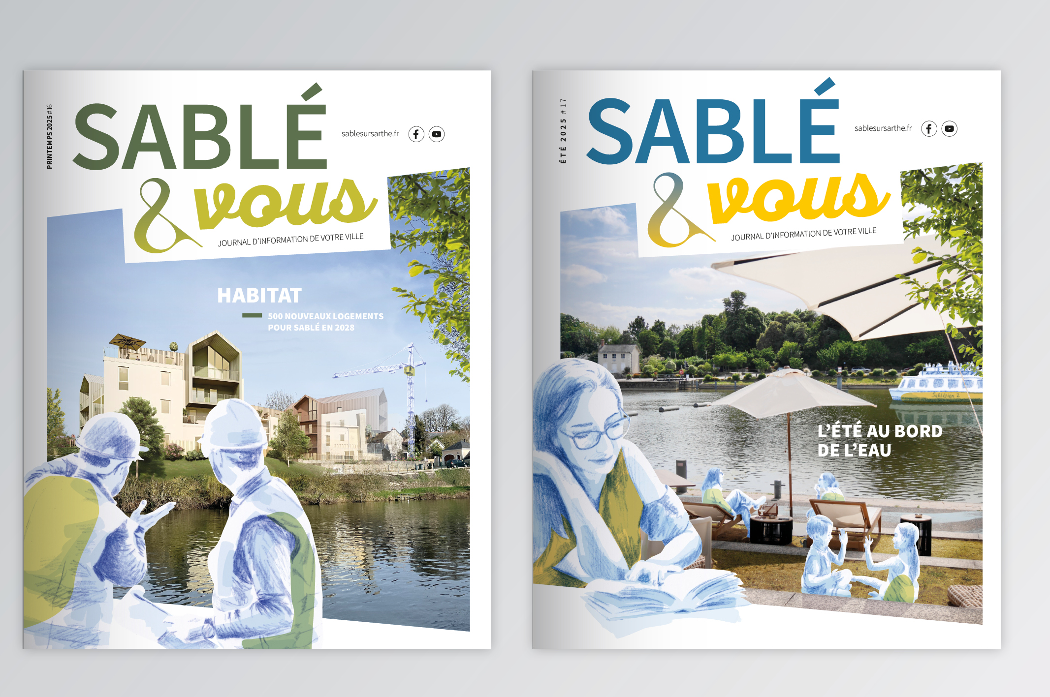 Deux couvertures du magazine 'Sablé & Vous' : l'une sur le thème 'Habitat' montrant un chantier au bord de l'eau, l'autre intitulée 'L'été au bord de l'eau' montrant des personnes se relaxant en terrasse. Les visuels mélangent photos et personnages illustrés en bleu avec des touches de couleurs.