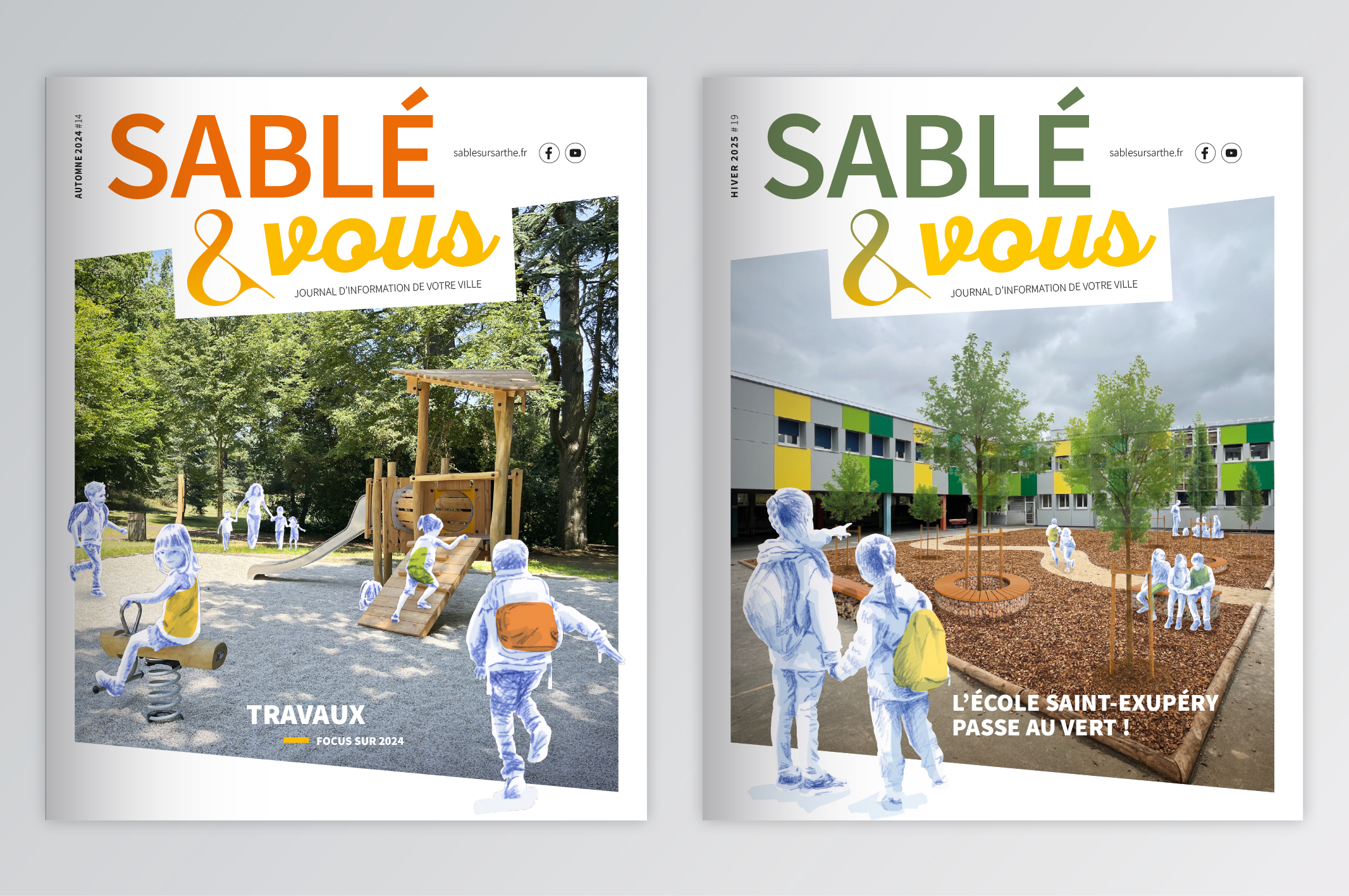 eux couvertures du magazine municipal 'Sablé & Vous' : l'une illustrant une aire de jeux avec le titre 'Travaux', l'autre montrant la cour végétalisée de l'école Saint-Exupéry. Les visuels mêlent photos réelles et personnages illustrés en bleu avec des touches de couleurs.