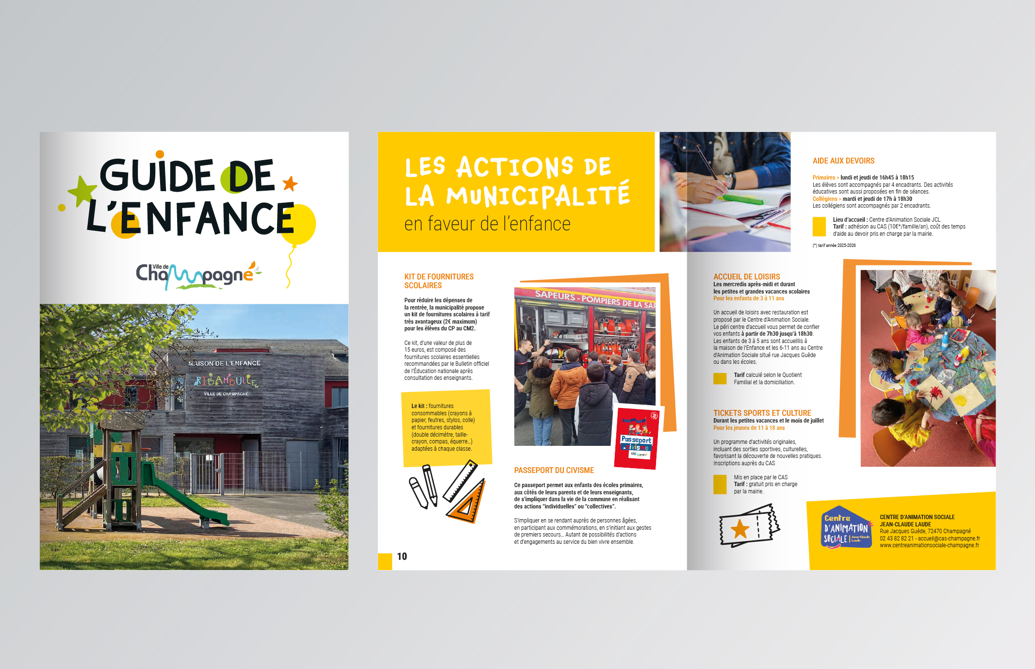 Couverture et pages intérieures ouvertes du "Guide de l'enfance" de la Ville de Champagné, présentant les actions de la municipalité (kit de fournitures, passeport du civisme, accueil de loisirs).