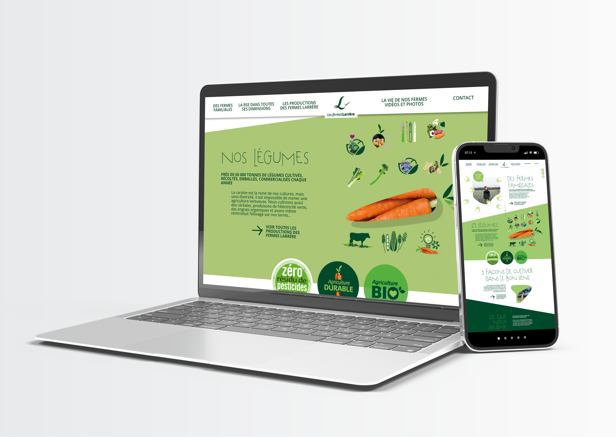 Page d'accueil du site des Fermes Larrère sur ordinateur portable